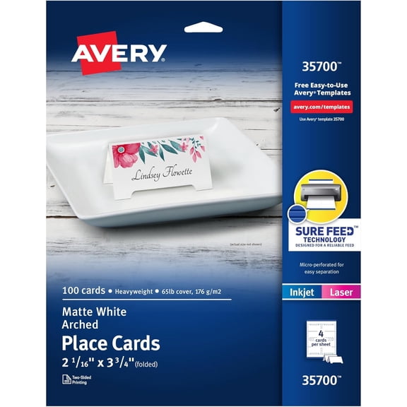 Printable Arched s, Sure Feed Technology, 2-1/16" x 3-3/4", White, 100 Blank Tent Cards for Laser or Inkjet Printers (35700)