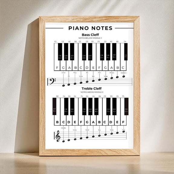 Printable Beginner Piano Notes Poster, Piano Keys and Notes Chart, Music Theory, Treble Clef, Bass Clef, Notes Mnemonic Chart, Piano Student, Unframed Paper Poster 8x10in
