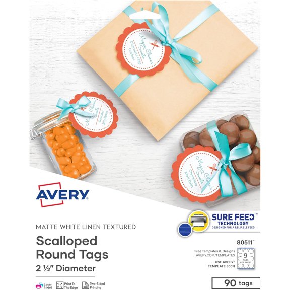 Printable Blank Scallop Round Gift Tags with Sure Feed, 2.5" Diameter, Textured White, 90 Customizable Tags (80511)
