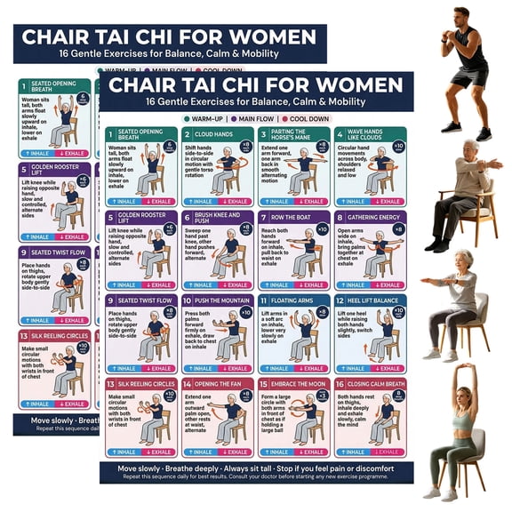 Printable Chair Tai Chi Workout Chart for Seniors 30 Day Daily Exercise Poster for Flexibility Balance and Strength Training Routine