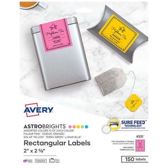 "Printable Color Labels With Sure Feed And Easy Peel, 2 X 2.63, Assorted Colors, 15/sheet, 10 Sheets/pack | Bundle of 2 Packs"
