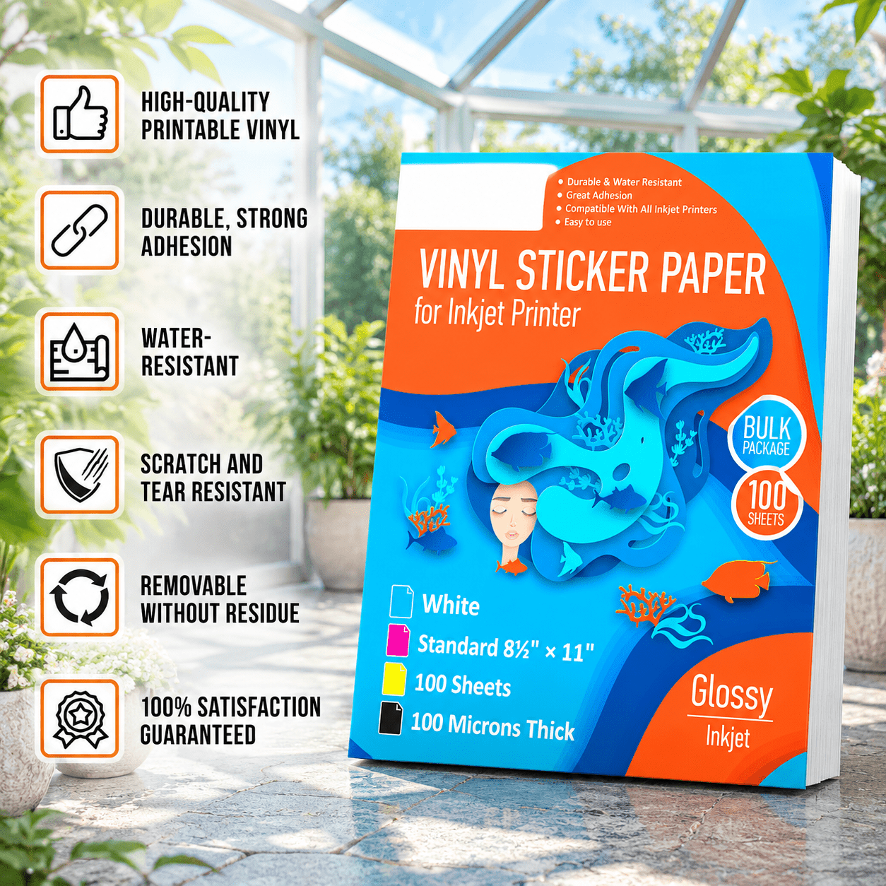 Printable Glossy White Vinyl Sticker Paper, Waterproof Self-Adhesive
