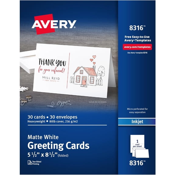 Printable Half-Fold Greeting Cards, Envelopes Included, 5.5" x 8.5", Matte White, Inkjet Printer Compatible, 30 Blank Cards Total, Great for Product Branding, Marketing, and More (8316)