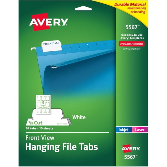 Printable Hanging File Folder Tabs, 1/5 Cut, White, 90 Total (5567)