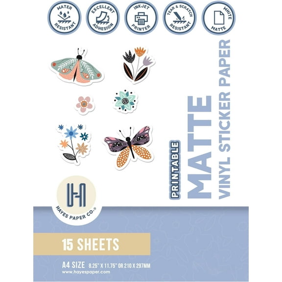 Hayes Paper Co. Matte Vinyl Sticker Paper, Waterproof, White, A4 Size 8.25 x 11.75", 15 Sheets, Printable Sticker Paper for Inkjet Printers, Cricut, Crafts, Labels