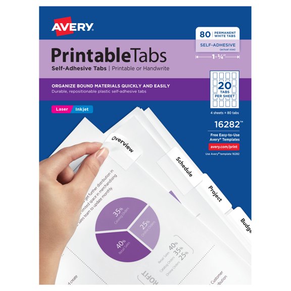 Printable Plastic Tabs With Repositionable Adhesive, 1/5-Cut Tabs, White, 1.75" Wide, 80/pack | Bundle of 5 Packs