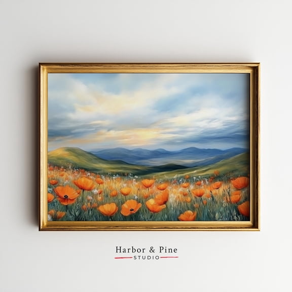 Printable Poppy Meadow Landscape Art Bundle, Floral Scenic Prints, Cottagecore Wall Decor, Colorful Calm Nature Digital Download, Stretched Canvas Size 16x24