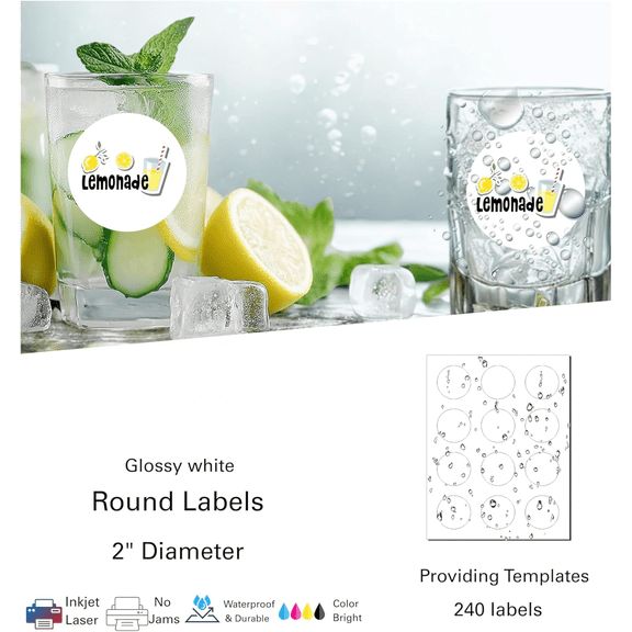 Printable Round Labels, 2" Diameter Glossy White Waterproof Circle Stickers for Inkjet or Laser Printer, 240 White Circle Labels for Bottle, Jar Labels and DIY Project