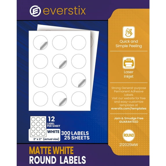 Printable Round Labels, 2" Diameter, White, 300 Customizable Blank Labels Total