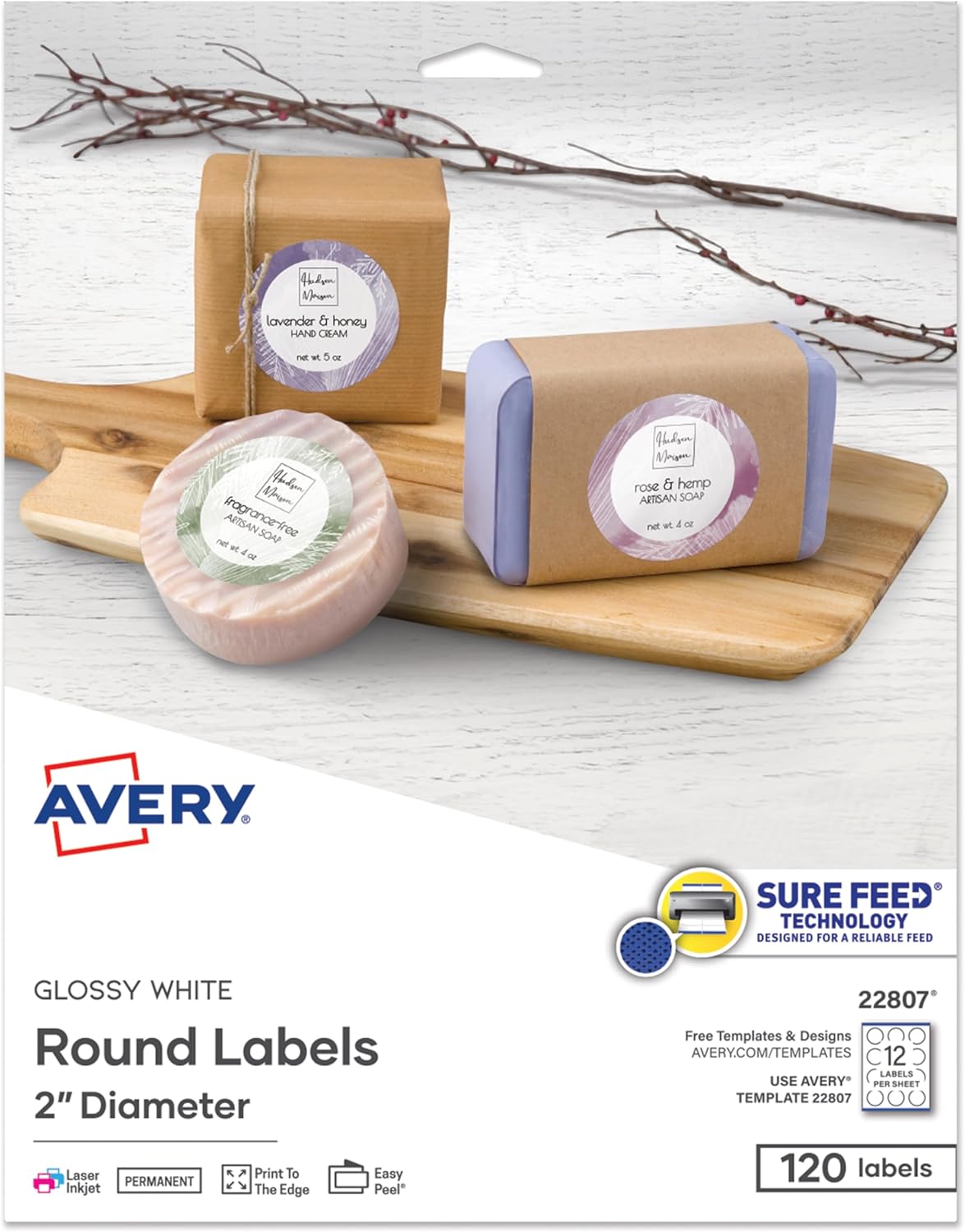 Printable Round Labels, Sure Feed Technology, Glossy White 2" Diameter ...