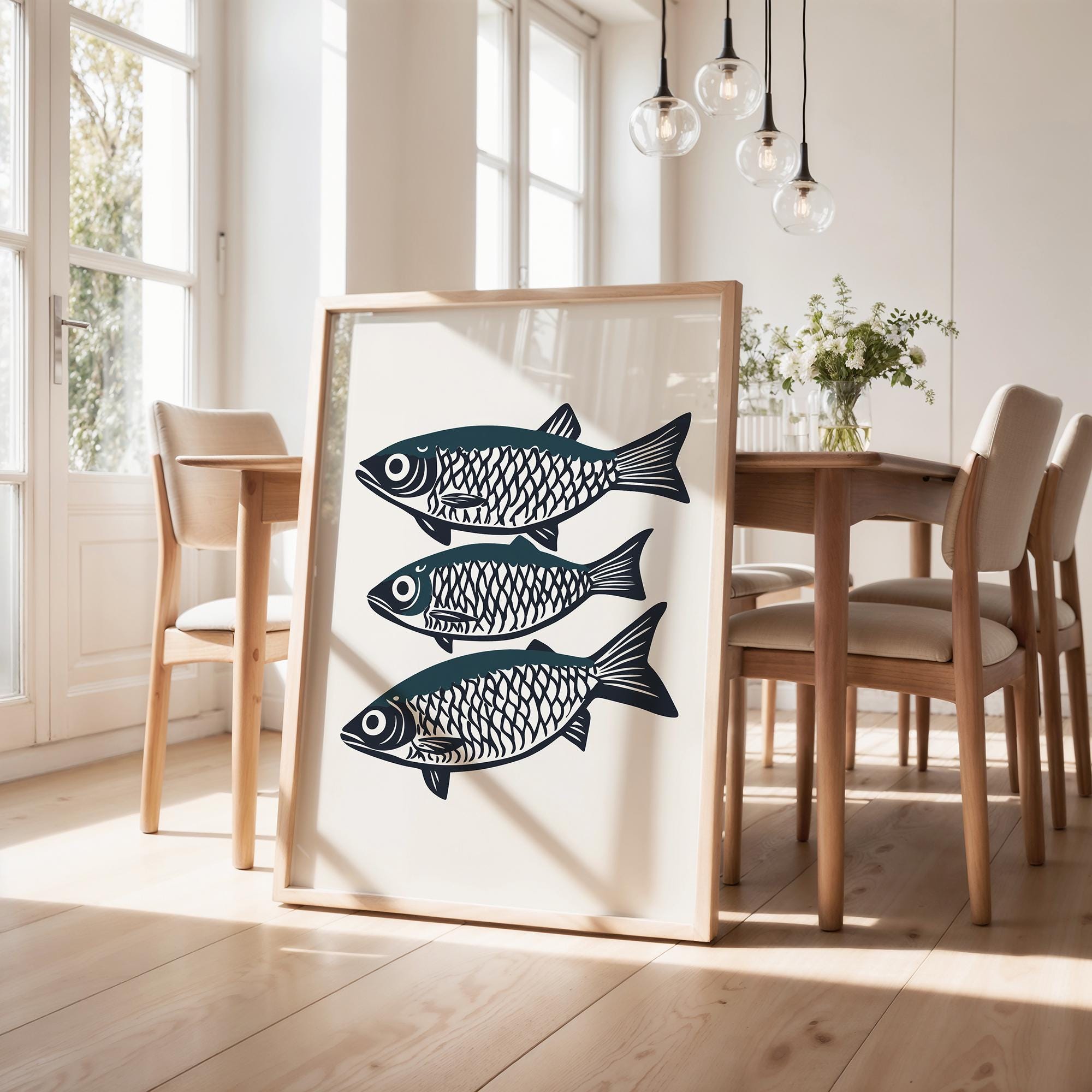 Kitchen Fish Poster Printable Sardine Art Kitchen Minimalist Three Fish Modern Coastal ...