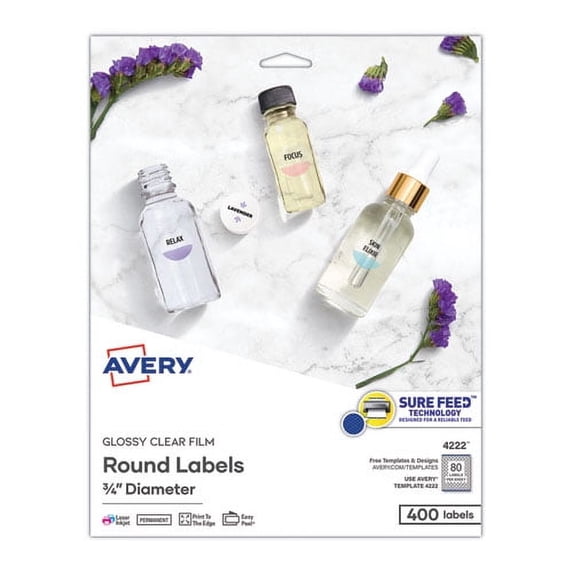 "Printable Self-Adhesive Permanent Id Labels W/sure Feed, 3/4"" Dia, Clear, 400/pk | Bundle of 10 Packs"