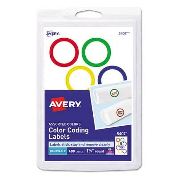 2 PK,Avery Printable Self-Adhesive Removable Color-Coding Labels, 1.25" dia, Assorted Colors, 8/Sheet, 50 Sheets/Box (5407)