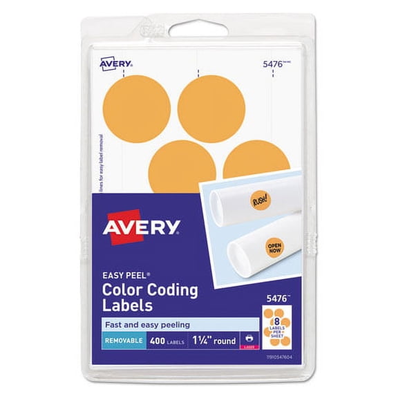 Printable Self-Adhesive Removable Color-Coding Labels, 1.25" Dia., Neon Orange, 8/sheet, 50 Sheets/pack, (5476) | Bundle of 10 Packs