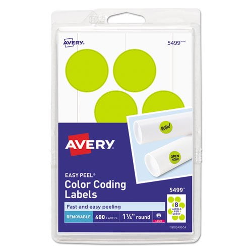 Printable Self-Adhesive Removable Color-Coding Labels, 1.25\" dia, Neon Yellow, 8/Sheet, 50 Sheets/Pack, (5499)