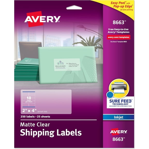 Printable Shipping Labels with Sure Feed, 2" x 4" Customizable Stickers, Matte Clear, 250 Blank Mailing Labels, Great for Mailing, Shipping, and More (8663)