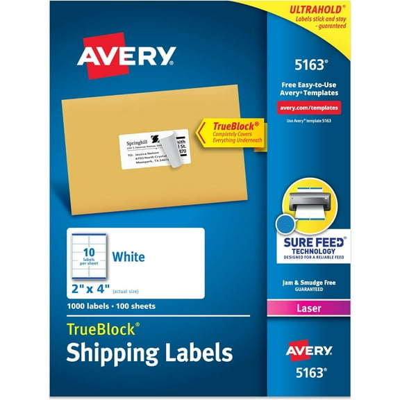 Printable Shipping Labels with Sure Feed, 2" x 4" Customizable Stickers, White, 1,000 Blank Mailing Labels, Great for Mailing, Shipping, and More (5163)