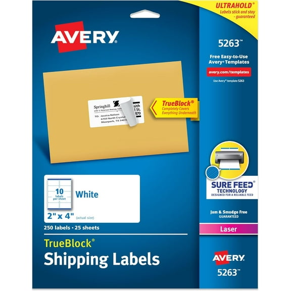 Printable Shipping Labels with Sure Feed, 2" x 4" Customizable Stickers, White, 250 Blank Mailing Labels, Great for Mailing, Shipping, and More (5263)