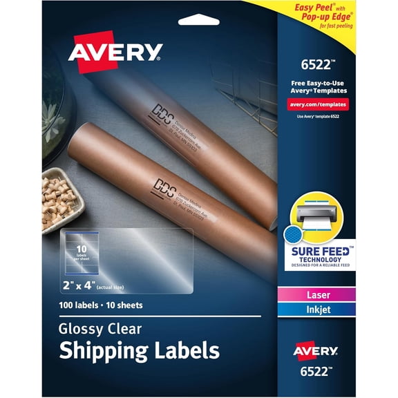 Printable Shipping Labels, Sure Feed Technology, 2" x 4", Glossy Crystal Clear, 100 Blank Mailing Labels (6522)