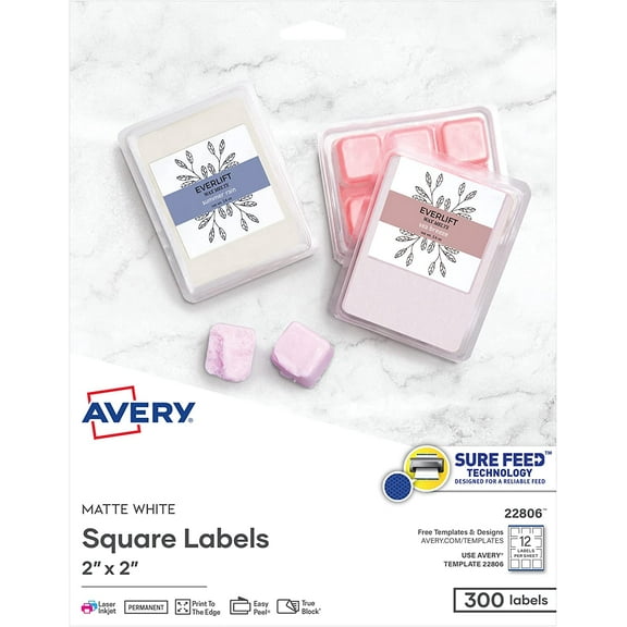 Printable Square Labels, 2" x 2", Matte White, Laser & Inkjet Compatible, 300 Blank Labels Total, Great for Branding, Packaging, Events, and More (22806)