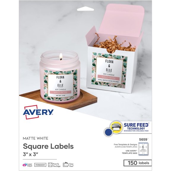 Printable Square Labels, Sure Feed Technology, 3" x 3", Matte White, Permanent Adhesive, Laser/Inkjet Printable, 150 Blank Labels, Great for Product Merchandising, Stickers, and More (5659)