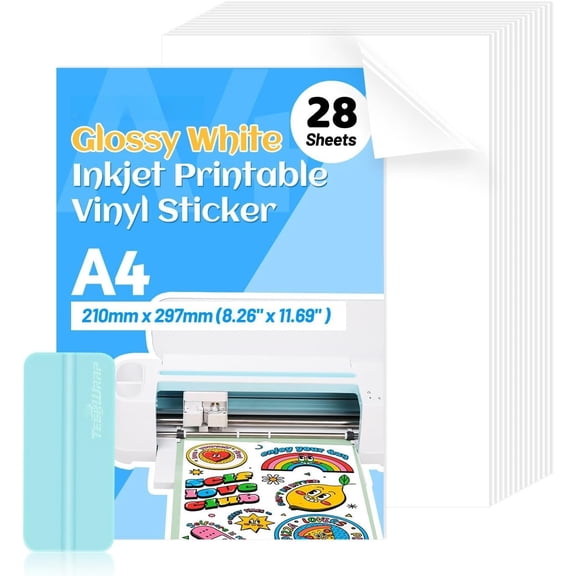 Printable Sticker Paper for Inkjet Printer, Glossy White Inkjet Printable Sticker Paper, 8.26" x 11.69" A4 Size for Craft , Scrap-booking, Decor, 28 Sheets/