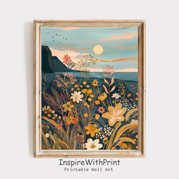 Printable Summer Landscape Poster Boho Flower Wall Art, Coastal Side Wildflower Landscape Poster Boho Sea Landscape Wall Art, MCM Wall Decor, Size 12x18 UNFFRAMED F03.1.6l829