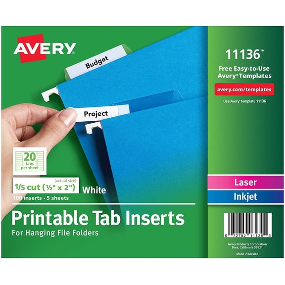 Printable Tab Inserts for Hanging File Folders, 1/2" x 2", 1/5 Cut, White, 100 Index (11136)