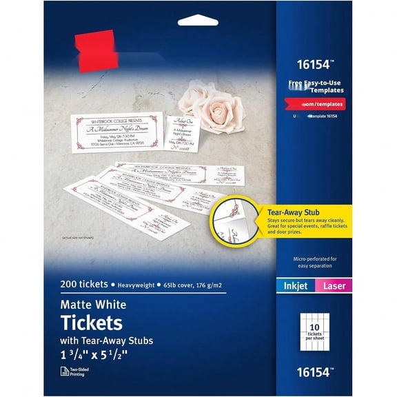 Printable Tickets, 1.75" x 5.5", Matte White, 200 Cards