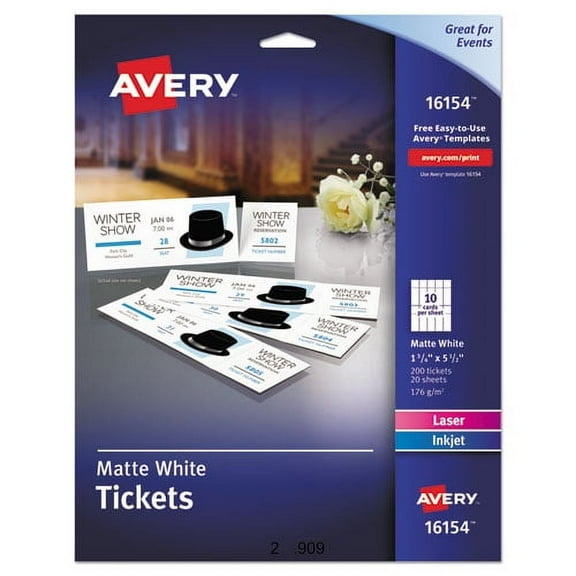 "Printable Tickets W/tear-Away Stubs, 97 Bright, 65lb, 8.5 X 11, White, 10 Tickets/sheet, 20 Sheets/pack | Bundle of 2 Packs"