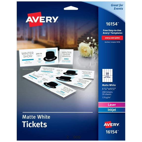"Printable Tickets W/tear-Away Stubs, 97 Bright, 65lb, 8.5 X 11, White, 10 Tickets/sheet, 20 Sheets/pack | Bundle of 5 Packs"