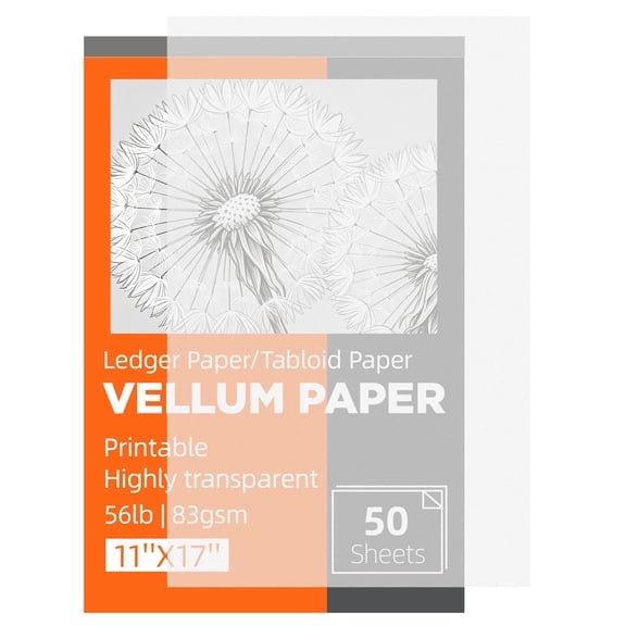 Printable Translucent Vellum Paper 11x17 Ledger Size, 50 Sheets 56lb/83gsm Tracing Paper for Wedding Invitations, Drawing and Crafting
