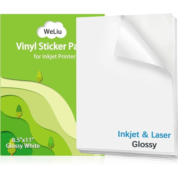 Printable Vinyl Sticker Paper for Inkjet and Laser Printer - Glossy White Waterproof Decal Paper - 21 Sheets 8.5"x11" for Custom Stickers, Personalized Labels, Water Bottle Use - Quick Dry