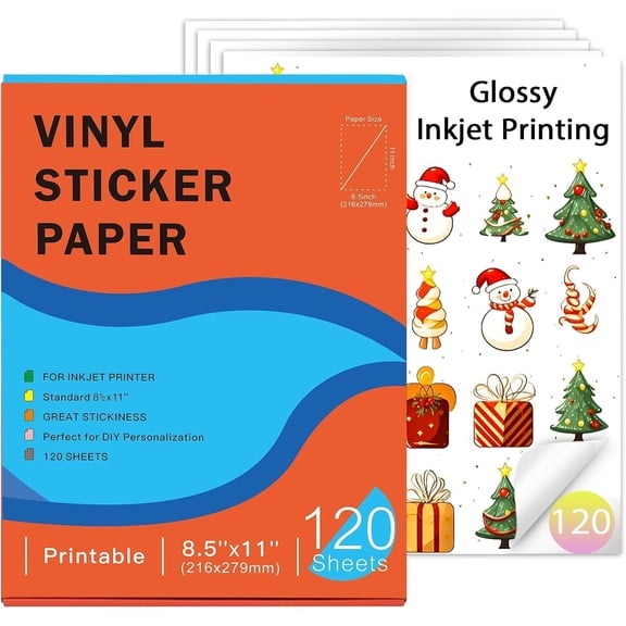 Printable Vinyl Sticker Paper for Inkjet Printer-120 Sheets Glossy White 8.5" x 11" Waterproof Labels Paper, Dries Quickly, Vivid Colors, Tear Resistant, DIY Christmas Stickers