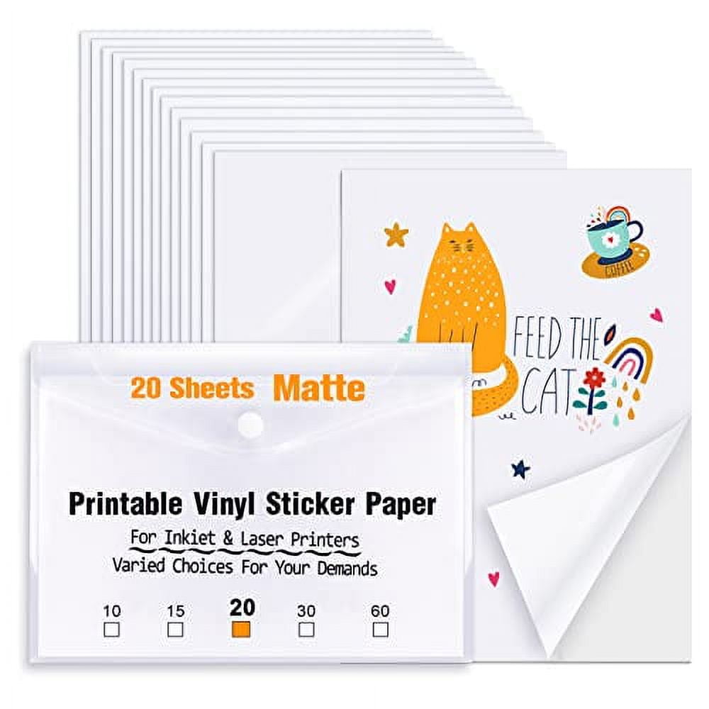 HTVRONT Printable Vinyl for Inkjet Printer & Laser Printer - 20 Pcs Matte  White Inkjet Printable Vinyl Sticker Paper, 8.5x11