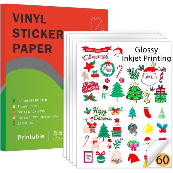Printable Vinyl Sticker Paper for Inkjet Printer-60 Sheets Glossy White 8.5" x 11" Waterproof Labels Paper, Dries Quickly, Vivid Colors, Tear Resistant, DIY Christmas Stickers