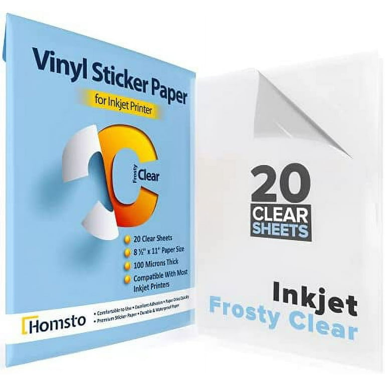 Printable Vinyl Sticker Paper for Inkjet Printer - Frosty Clear Sticker Paper Waterproof - 20 Sticker Sheets for Printer - Tear and Scratch Resistant