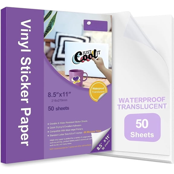 Printable Vinyl Sticker Paper,Translucent 50 sheet Clear Self-Adhesive Sheets, Dries Colors Decal Paper, Resistant for DIY Stickers &