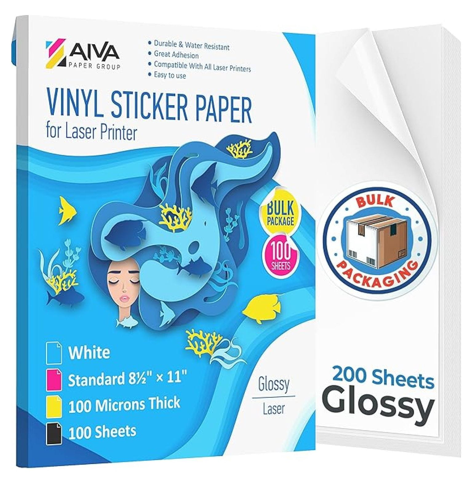 Printable Vinyl Sticker Paper for Laser Printer - Glossy White - 200 Self-Adhesive Sheets - Waterproof Decal Paper - Standard Letter Size 8.5"x11"