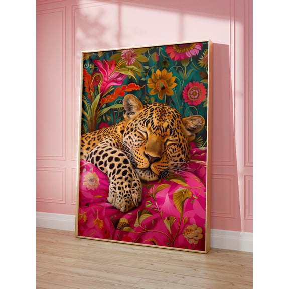 Printable Wall Art, Sleeping Leopard Maximalist Oil Painting, Bold Pink Dopamine Bedroom Poster, Kitsch Wild Animal Eclectic Floral Print 16x24 UNFRAMED