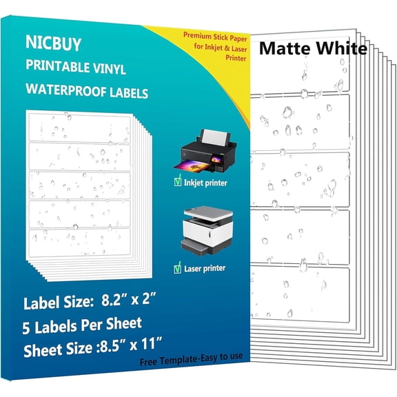 Printable Water Bottle Labels 8.2x2 inch Matte White Waterproof Vinyl Sticker Sheets 100 Pcs Blank Labels for Inkjet or Laser Printer