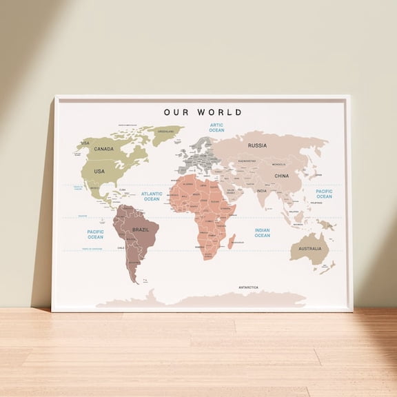 Printable World Map Poster - Minimal Map Art Boho Wall Decor, Educational Travel Print, Wanderlust Printable World Map Stylish Map, Unframed Paper Poster 24x36in