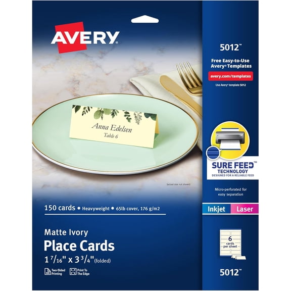Printable s with Sure Feed Technology, 1-7/16" x 3-3/4", Textured Ivory, 150 Blank Tent Cards for Laser or Inkjet Printers (5012)