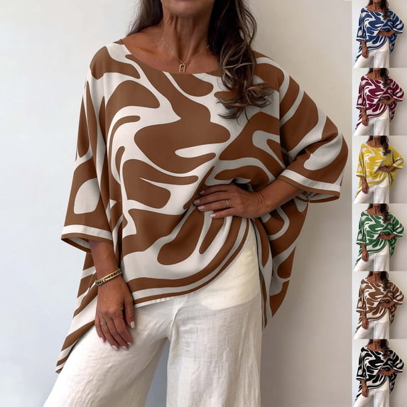 Printed 3/4 Sleeve Shirts For Women Crewneck High Low Hem Tops Fall Casual Elegant Fashion Flowy Tunic Shirt