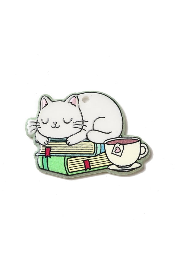 Printed Acrylic Pendants Cat Charm Book Pattern 23x33x2.5mm Hole: 1.8mm