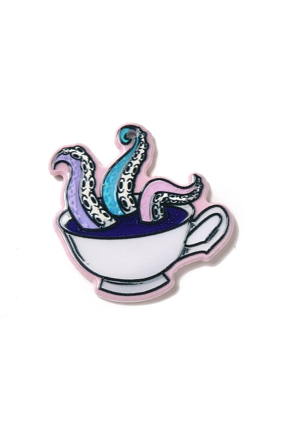 Printed Acrylic Pendants Octopus Theme Charm Cup Pattern 35x37x2.5mm Hole: 1.6mm