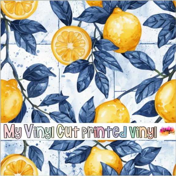 Printed Adhesive Vinyl Blue and Lemons A Pattern Permanent Adhesive (Large Scale)