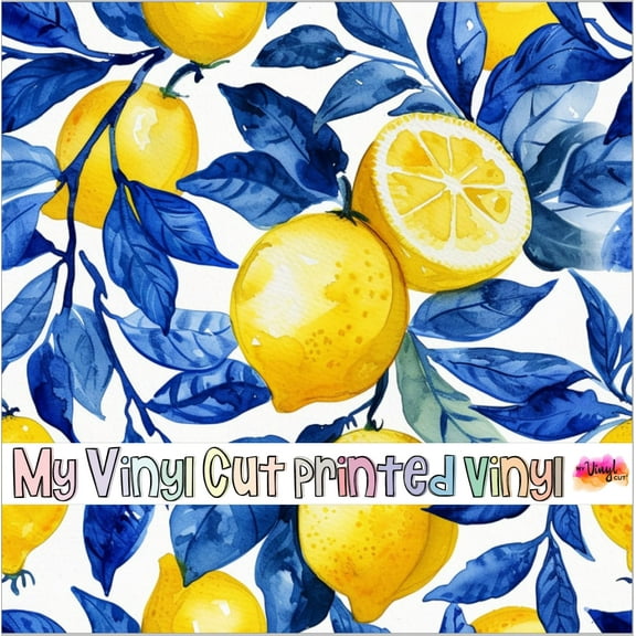 Printed Adhesive Vinyl Blue and Lemons F Pattern Permanent Adhesive (Small Scale)