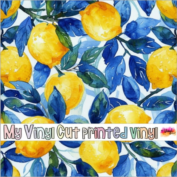 Printed Adhesive Vinyl Blue and Lemons I Pattern Permanent Adhesive (Large Scale)