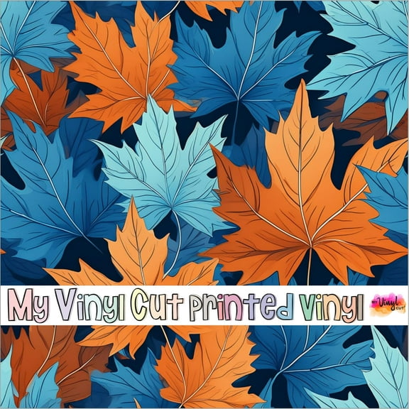 Printed Adhesive Vinyl Blue and Orange Maple Leaves Pattern Permanent Adhesive (XL Scale)